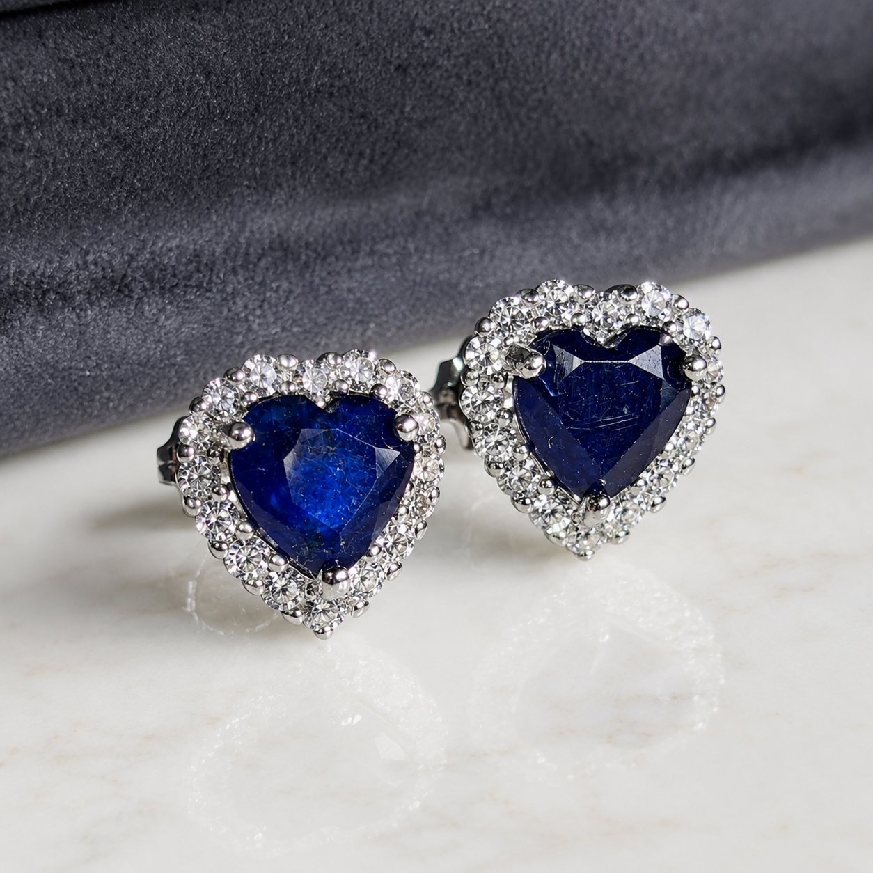 Midnight Heart Sapphire Halo Stud Earrings