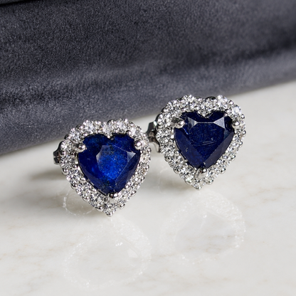 Midnight Heart Sapphire Halo Stud Earrings