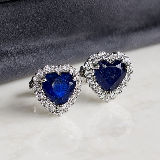 Midnight Heart Sapphire Halo Stud Earrings