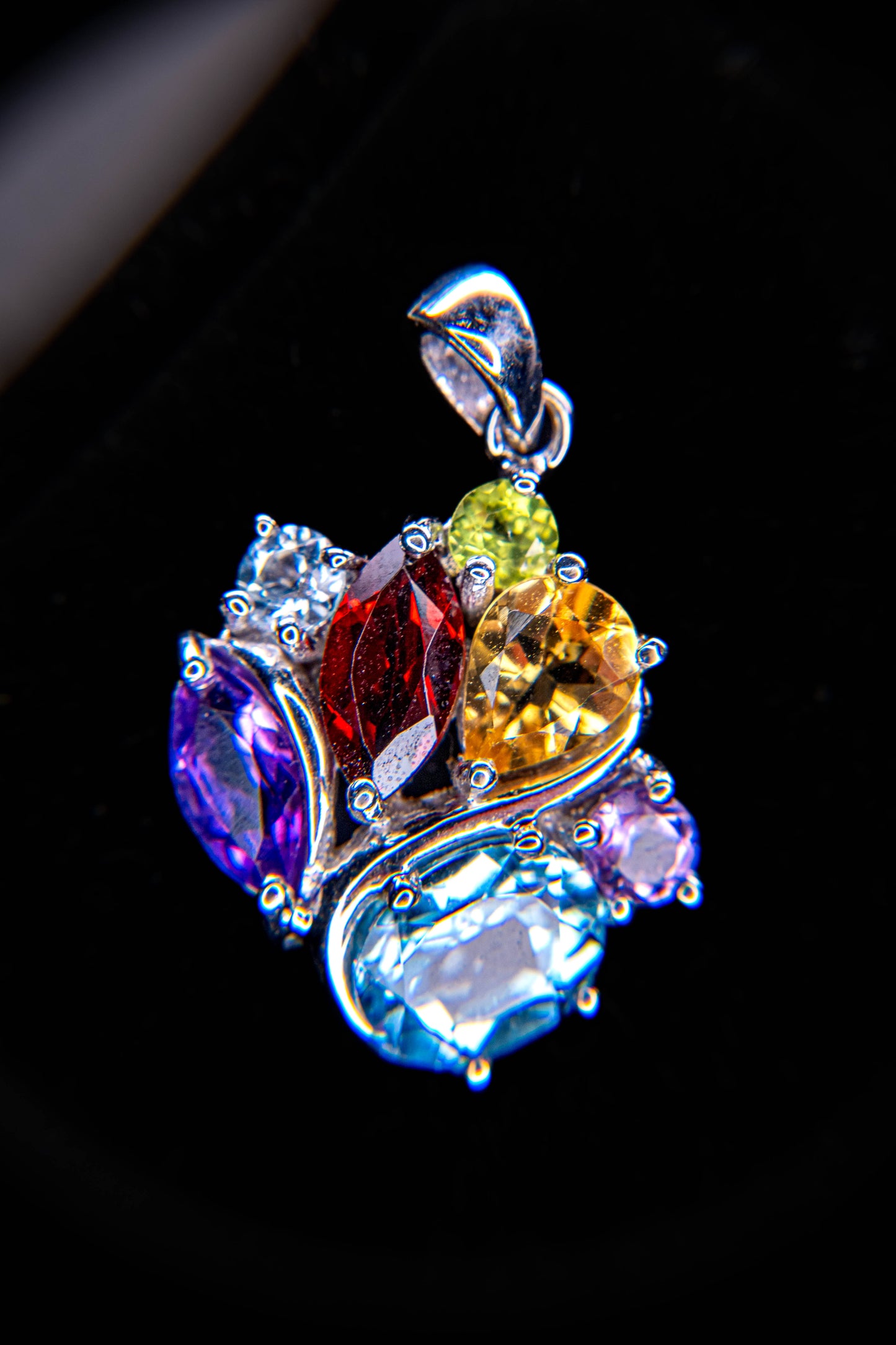 Multistone: Peridot, Garnet, Blue Topaz, Aquamarine, Citrine, Amethyst Tree Pendant