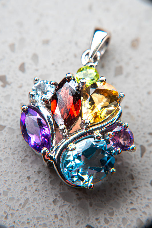 Multistone: Peridot, Garnet, Blue Topaz, Aquamarine, Citrine, Amethyst Tree Pendant
