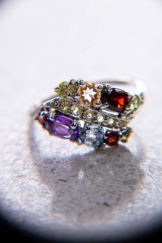 Multistone: Peridot, Amethyst, Garnet, Blue Topaz, Citrine Champagne Ring