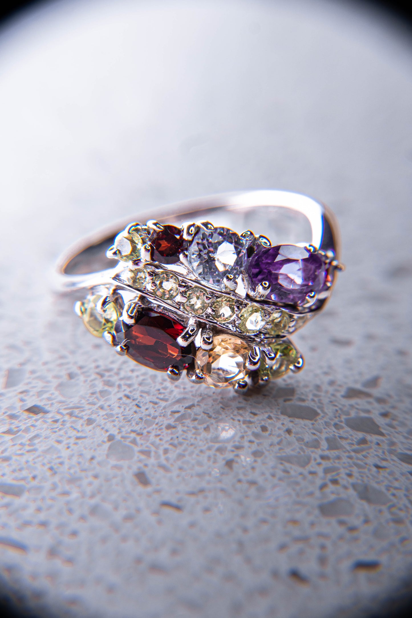 Multistone: Peridot, Amethyst, Garnet, Blue Topaz, Citrine Champagne Ring