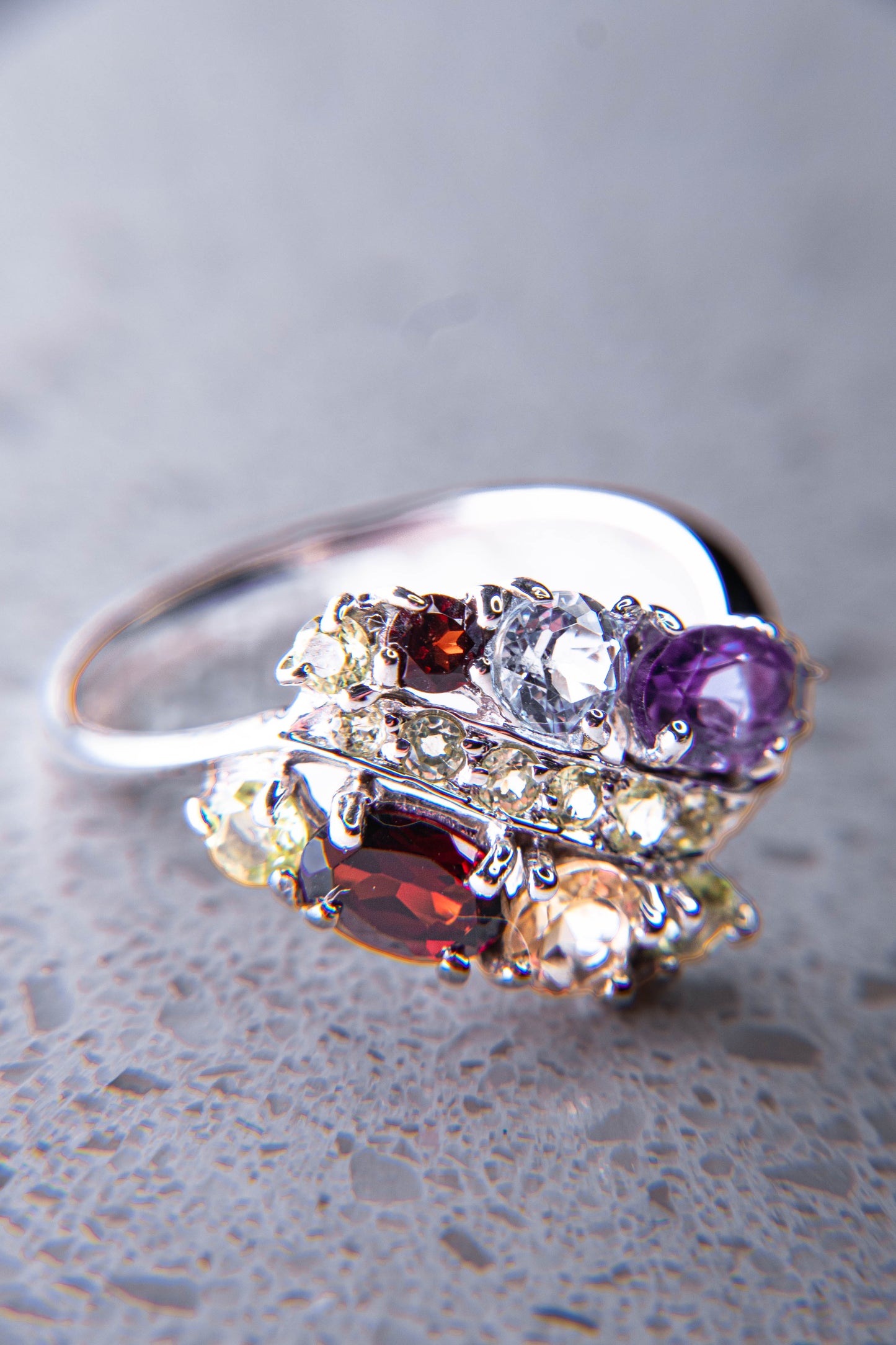 Multistone: Peridot, Amethyst, Garnet, Blue Topaz, Citrine Champagne Ring