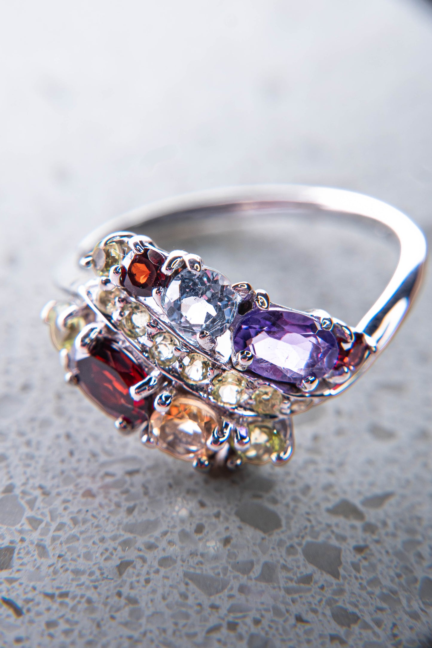 Multistone: Peridot, Amethyst, Garnet, Blue Topaz, Citrine Champagne Ring