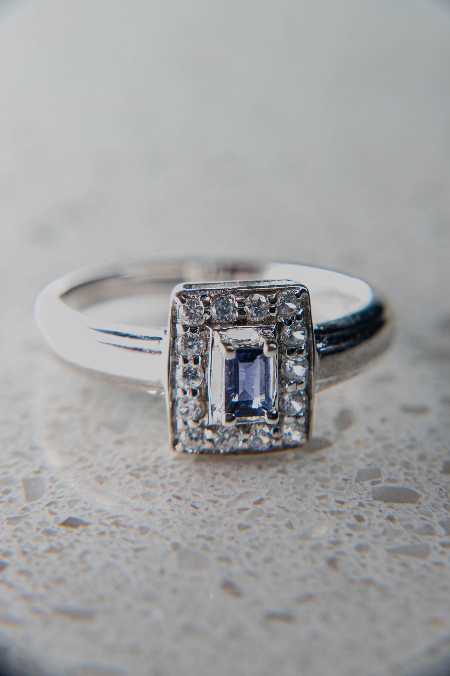 Natural Violet Iolite and White Zircon Ring