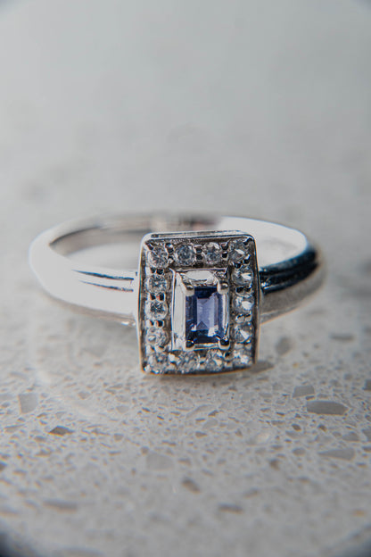 Natural Violet Iolite and White Zircon Ring