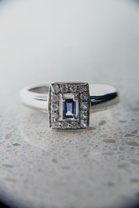 Natural Violet Iolite and White Zircon Ring