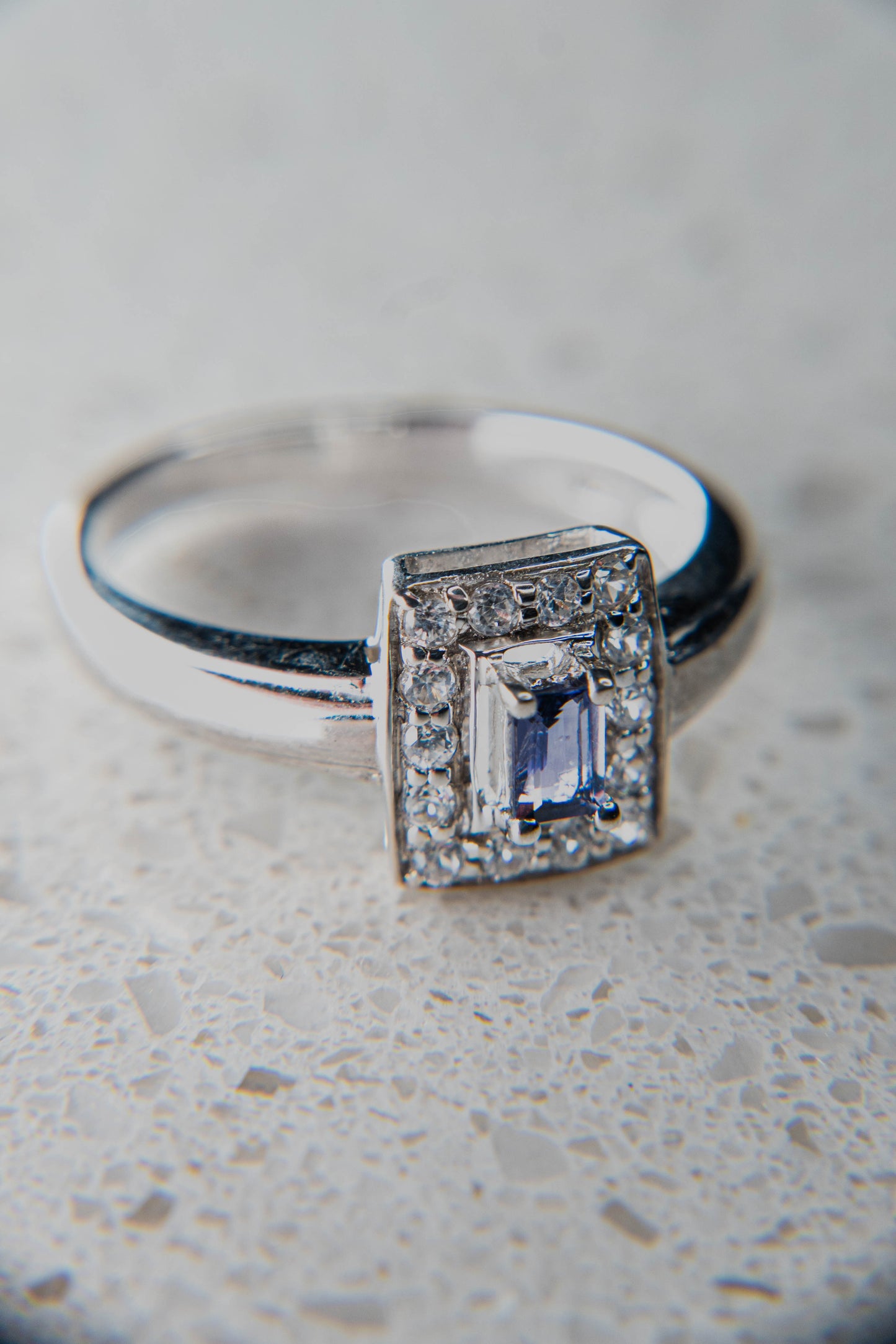 Natural Violet Iolite and White Zircon Ring