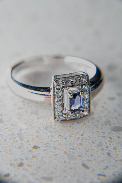Natural Violet Iolite and White Zircon Ring