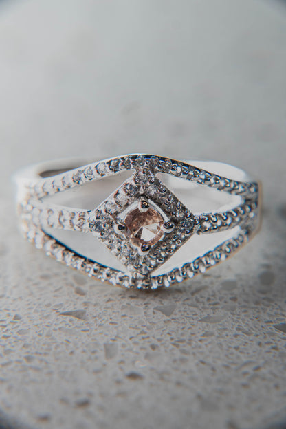 Natural Vibrant Champagne Garnet Ring with Natural White Zircon