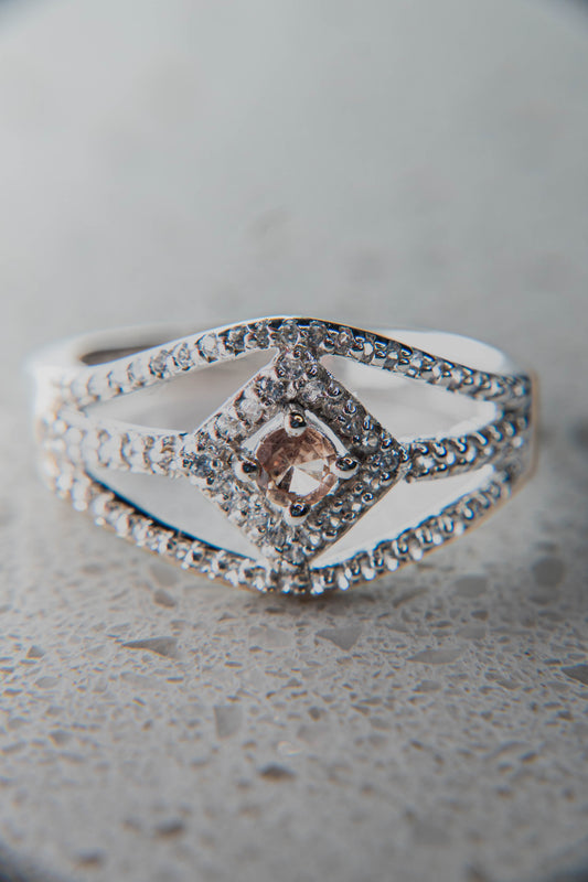 Natural Vibrant Champagne Garnet Ring with Natural White Zircon