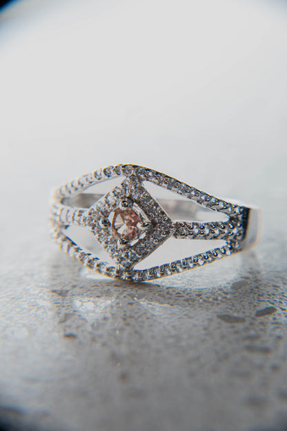 Natural Vibrant Champagne Garnet Ring with Natural White Zircon