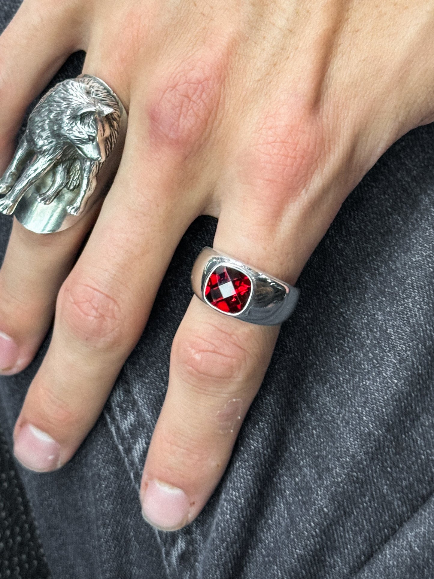 Natural Mozambique Garnet Cushion Checkerboard Cut Signet Ring