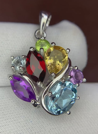 Multistone: Peridot, Garnet, Blue Topaz, Aquamarine, Citrine, Amethyst Tree Pendant