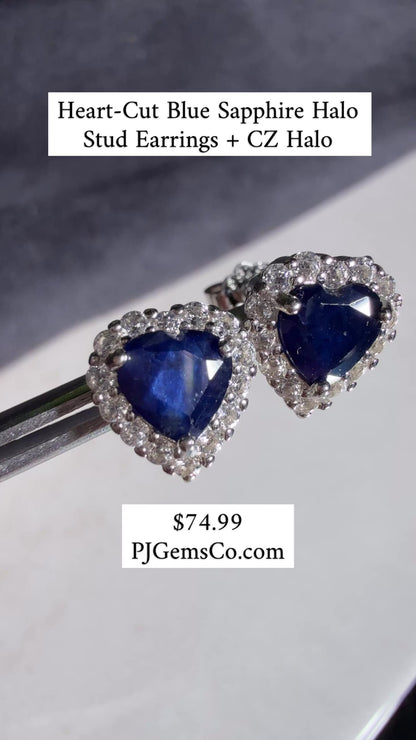 Midnight Heart Sapphire Halo Stud Earrings
