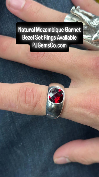 Natural Mozambique Garnet Cushion Checkerboard Cut Signet Ring